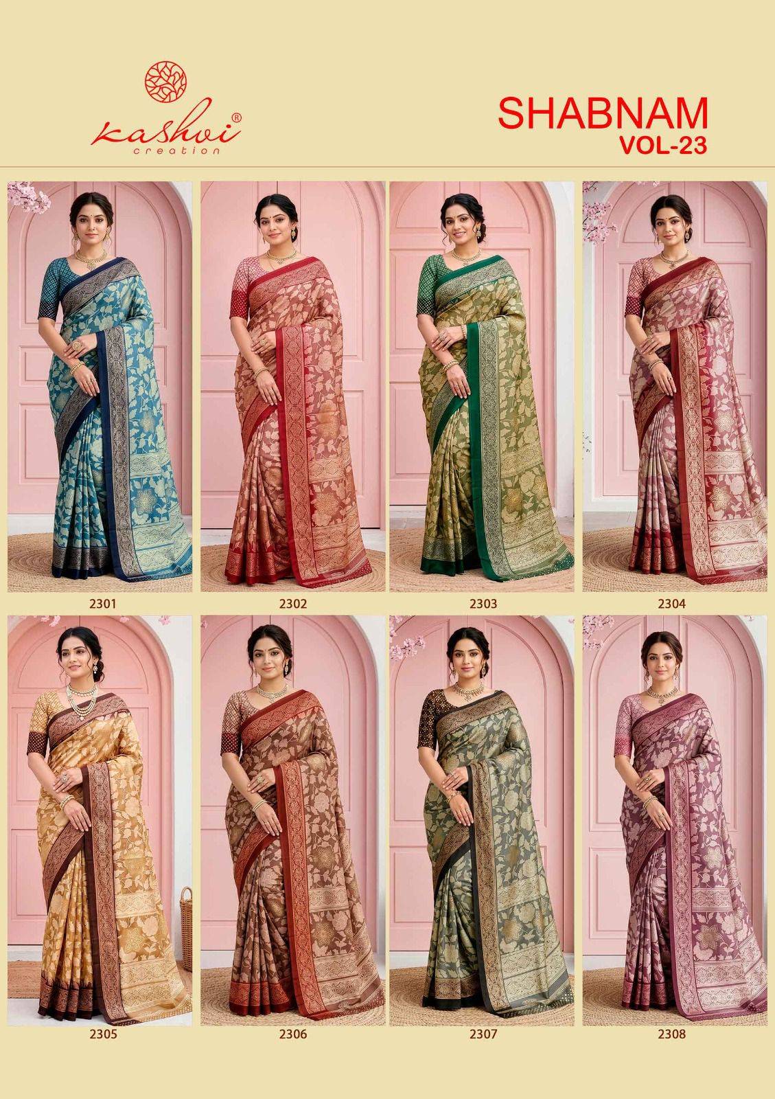SHABNAM VOL. 23 By KASHVI CREATION Indian Traditional Wear Collection Beautiful Stylish Fancy Colorful Casuals Wear DULL MOSS FOIL PRINT Sarees At Wholesale Price